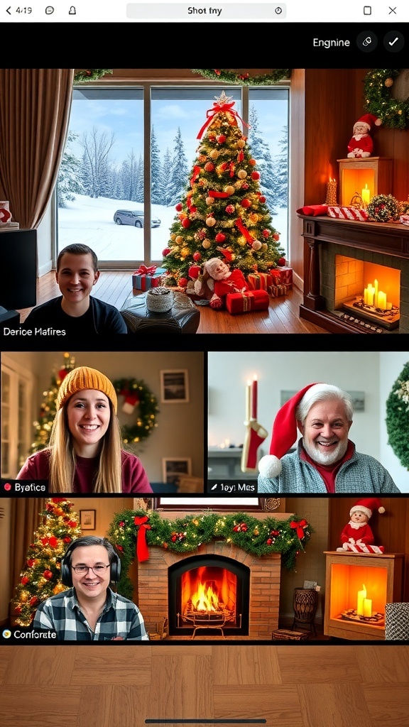 Participants in a Zoom meeting with Christmas-themed backgrounds, including a tree and snowy scenery.